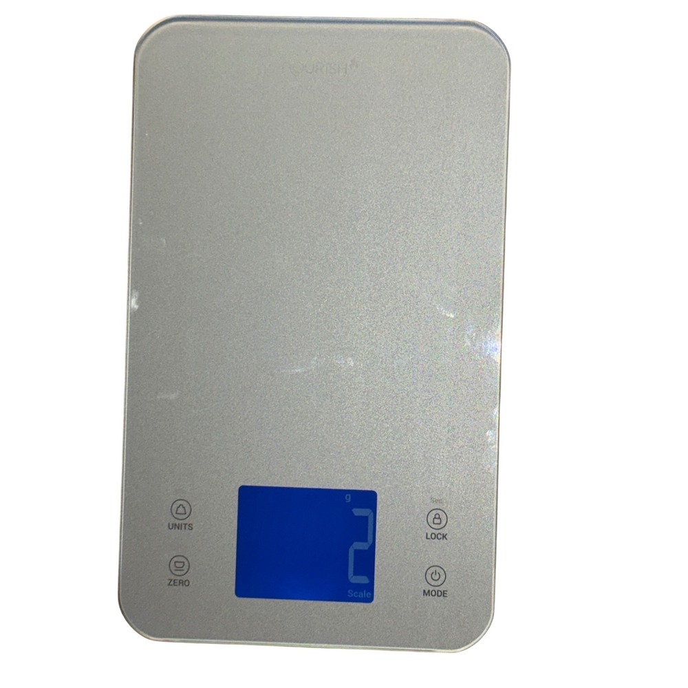 Greater Goods Nourish Digital Kitchen Food Scale Silver Glass Backlit LCD 0476